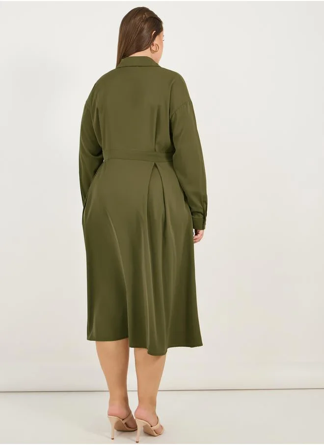 ستايلي Plus Size Wrap Front A-Line Shirt Midi Dress