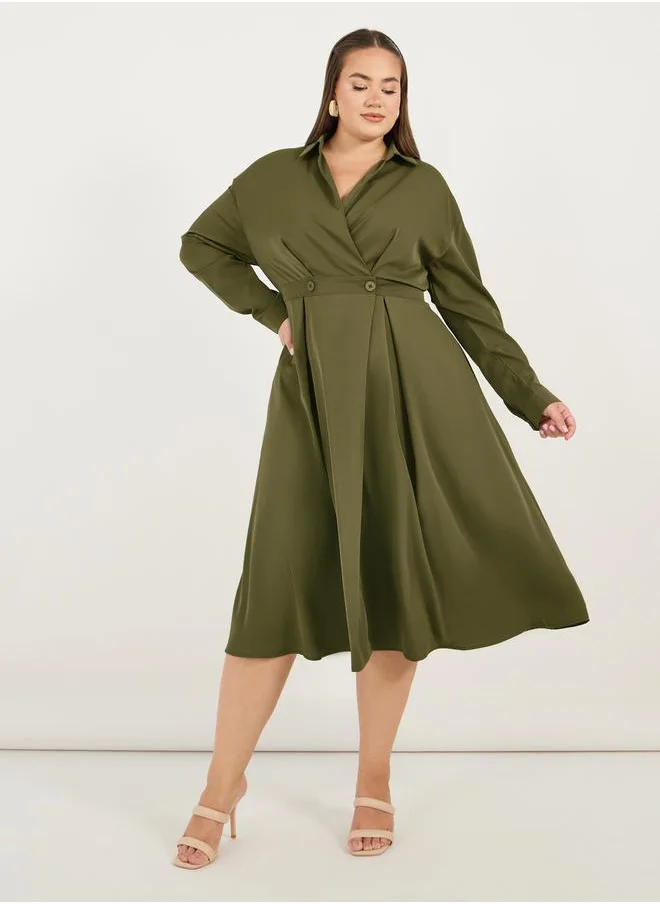 ستايلي Plus Size Wrap Front A-Line Shirt Midi Dress