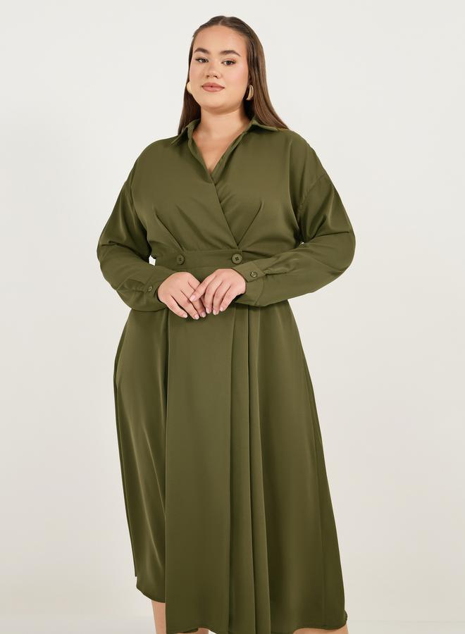 Styli Styli Plus Size Wrap Front A-Line Shirt Midi Dress - Image 2