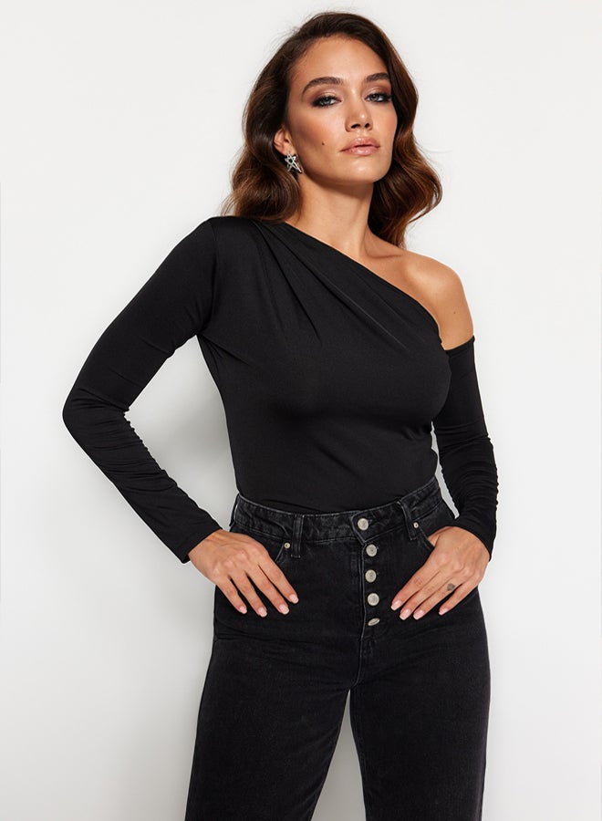 trendyol Black Asymmetrical Collar Long Sleeve Flexible Snap-Front Knitted Bodysuit - Image 2