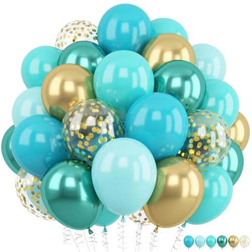 Froova Teal Balloons 60PCS 12 Inch Teal Blue Turquoise Meatallic Green and Gold Confetti Balloon for Teen Girls Birthday Baby Shower Graduation New Year Party Decorations - Image 1