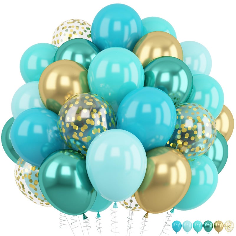 Froova Teal Balloons 60PCS 12 Inch Teal Blue Turquoise Meatallic Green and Gold Confetti Balloon for Teen Girls Birthday Baby Shower Graduation New Year Party Decorations - Image 3