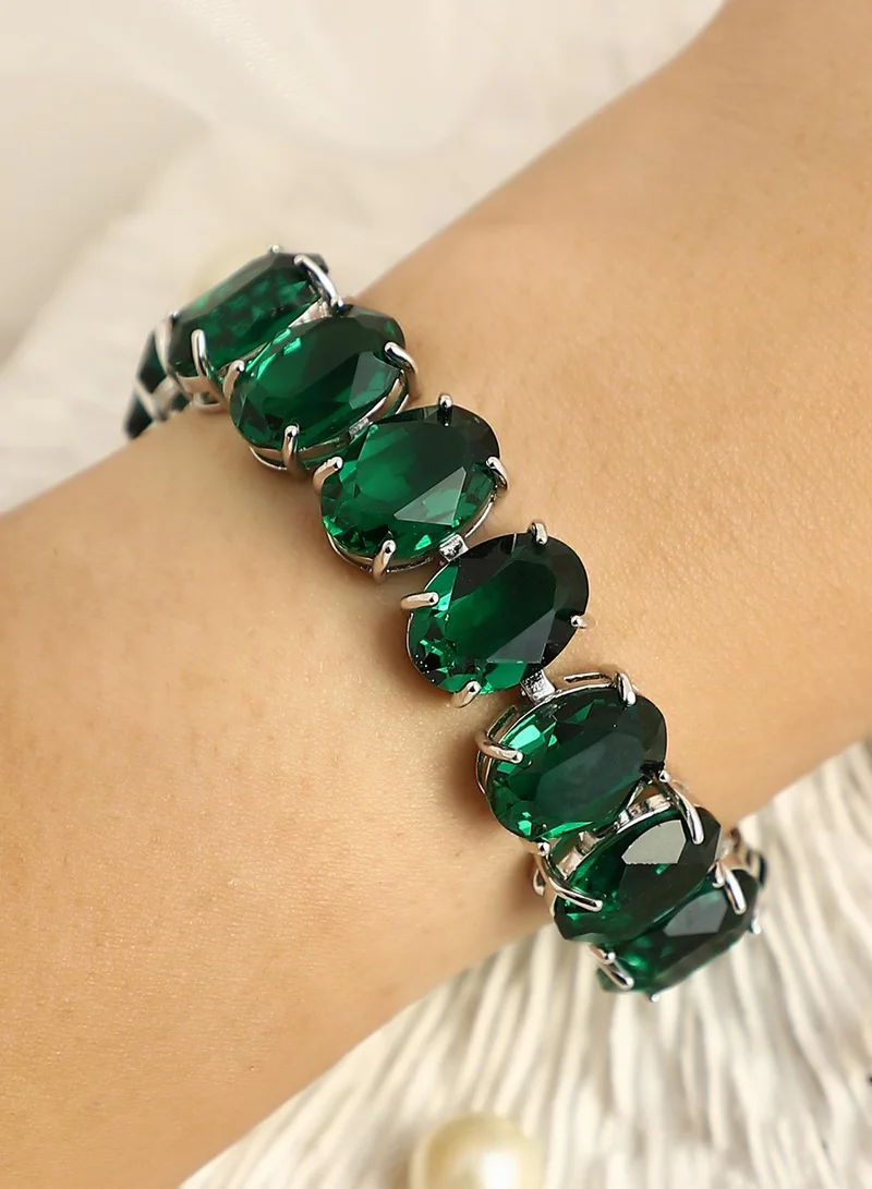 SOHI SOHI Women's The Crystal-Ovoid Tennis Bracelet For Party Wear | Emerald Green Colour | Alloy Material | Foldover Closure | Artificial Stone Bracelet | Tennis Bracelet For Women & Girls