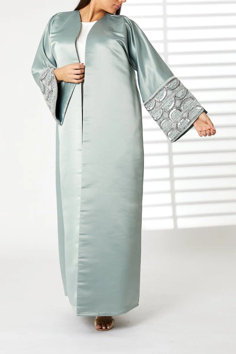 Moistreet V-Neck Bridal Satin Split Cuffs Abaya