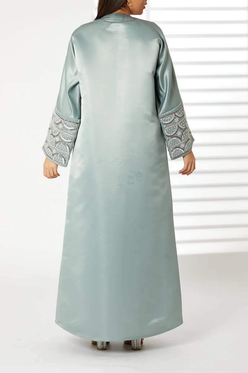 Moistreet  V-Neck Bridal Satin Split Cuffs Abaya for Women | Best Price UAE