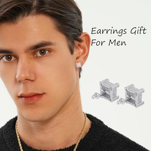 TOPGRILLZ 925 Sterling Silver Square Screw Stud Earrings 14K Gold Plated 5A+ Cubic Zirconia Iced Out Square Screw Back Hypoallergenic Cube Large Stud Earrings For Men Women(03Silver) - Image 3