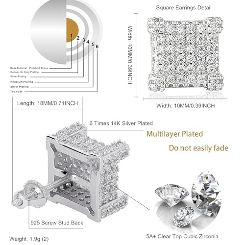 TOPGRILLZ 925 Sterling Silver Square Screw Stud Earrings 14K Gold Plated 5A+ Cubic Zirconia Iced Out Square Screw Back Hypoallergenic Cube Large Stud Earrings For Men Women(03Silver) - Image 2