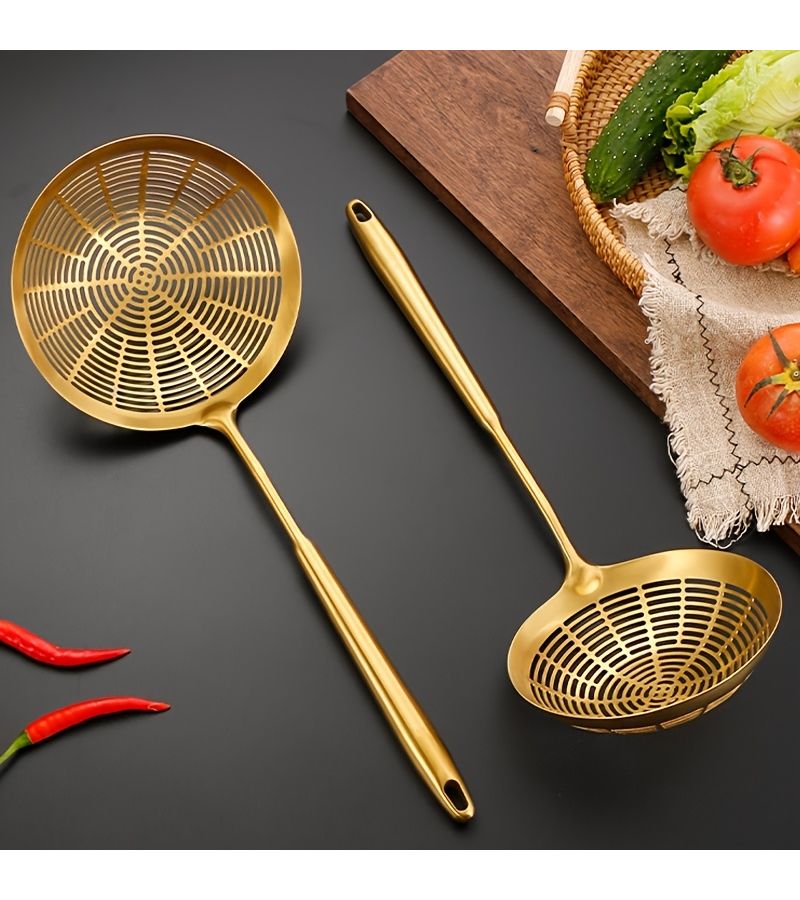 Large Golden Linear Colander Stainless Steel Kitchen Skimmer with Fine Mesh Basket - Image 1