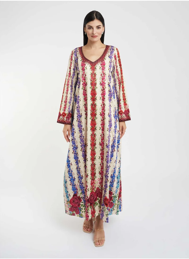 KASHKHA Floral Printed Jalabiya with Stone Work