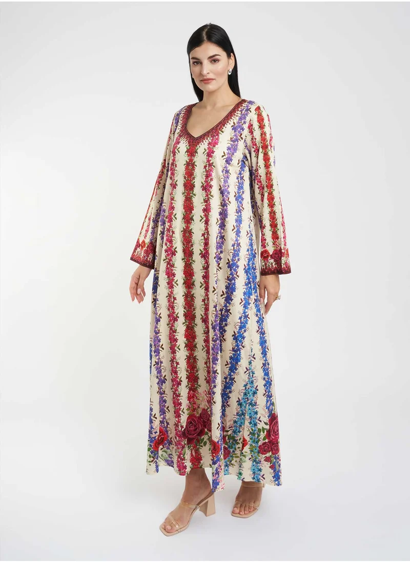 KASHKHA Floral Printed Jalabiya with Stone Work