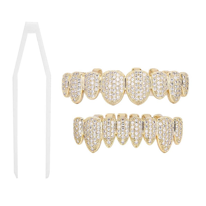 klarako Teeth Single Grill, Grilz Teeth Set Hip Hop Prop Teeth Accessory Decoration For Halloween Party Gift Grillz For Teeth Single(Golden suit) Grillz For Teeth - Image 2
