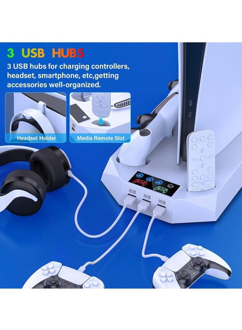 KIIUMI PS Stand and Cooling Station with Dual Controller Charging Station, Including Controller Charger, Cooling Fan, RGB LED and USB Hub (Fit for PS5/PS5 slim/PS5 Pro Version) White - Image 4