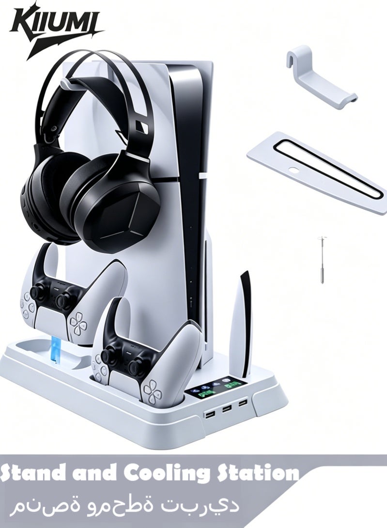 KIIUMI PS Stand and Cooling Station with Dual Controller Charging Station, Including Controller Charger, Cooling Fan, RGB LED and USB Hub (Fit for PS5/PS5 slim/PS5 Pro Version) White - Image 1