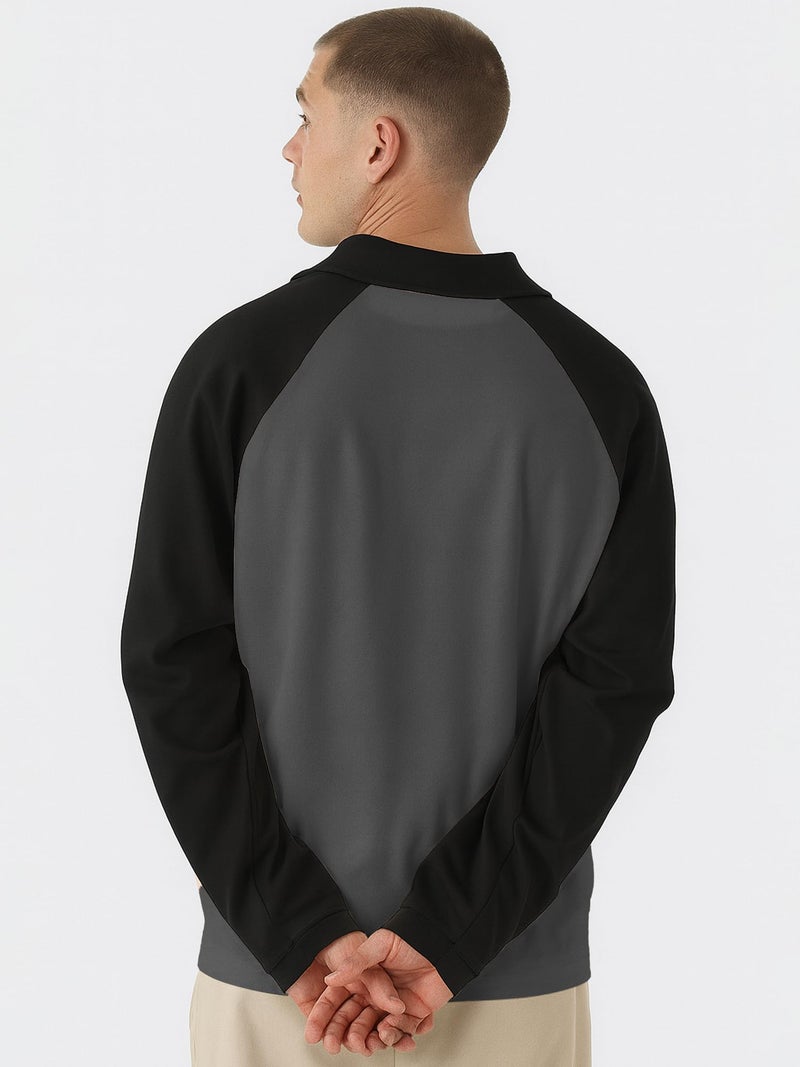 Jump Cuts Mens Colorblock Polo Neck Raglan Full Sleeve Steel Grey & Black LoopKnit Sweatshirt - Image 2