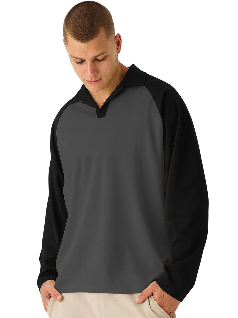 Jump Cuts Mens Colorblock Polo Neck Raglan Full Sleeve Steel Grey & Black LoopKnit Sweatshirt - Image 5