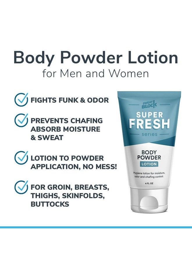 Sweatblock - Super Fresh Body Powder Lotion By Sweatblock Talc Free Antichafing Deodorizing Natural Ingredients No Mess Body Powder Lotion For Men And Women 4 Fl Oz. - Image 1
