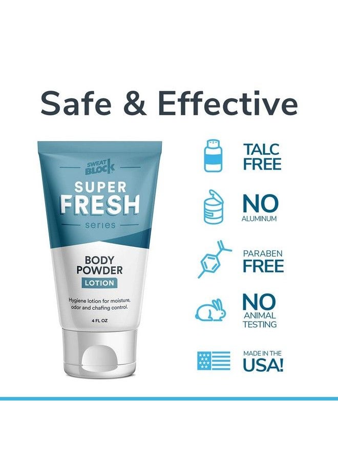 Sweatblock - Super Fresh Body Powder Lotion By Sweatblock Talc Free Antichafing Deodorizing Natural Ingredients No Mess Body Powder Lotion For Men And Women 4 Fl Oz. - Image 1