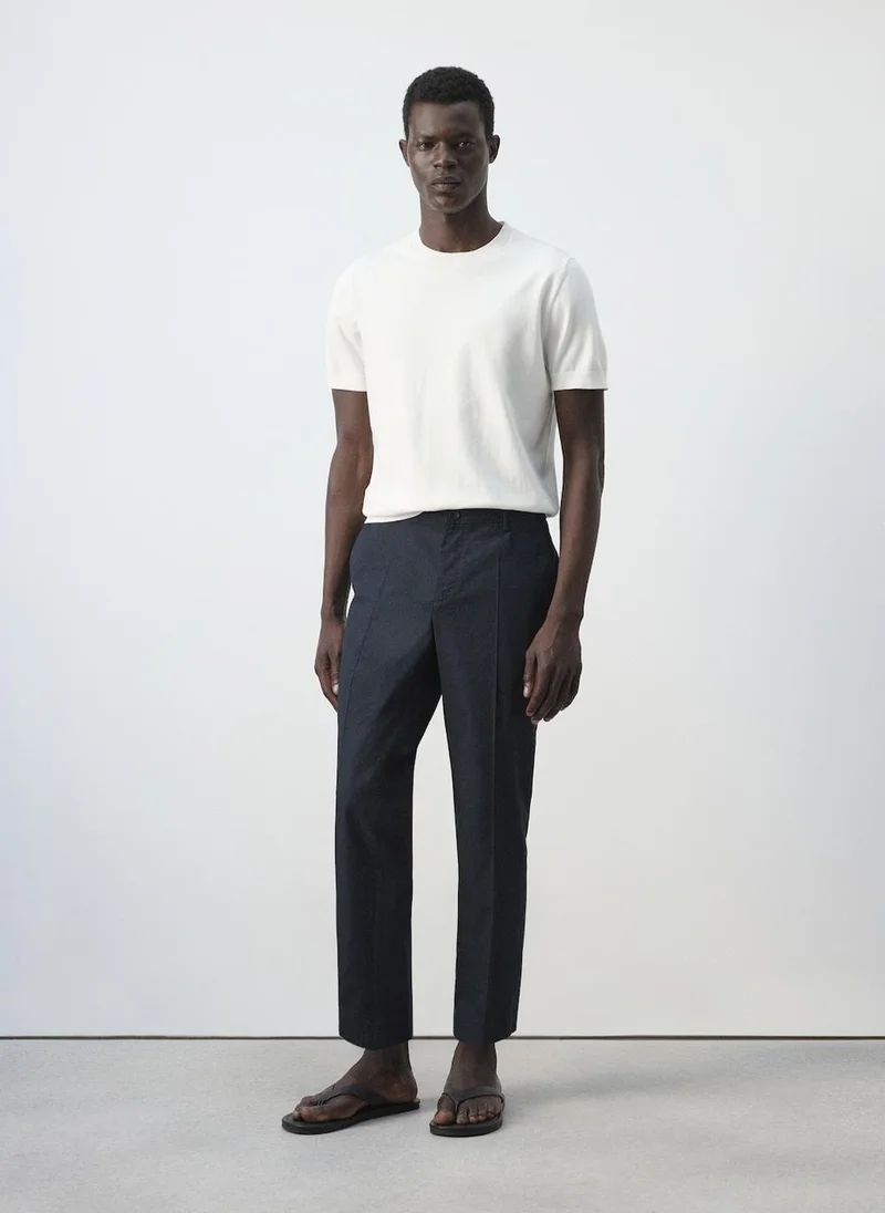 Mango Man 56-NAVY Slim Fit Cropped Cotton Blend Trousers for Men | Best Price UAE