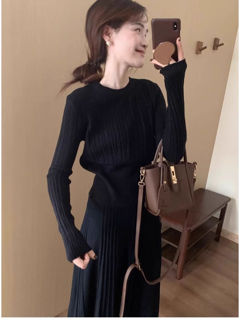 NIBEMINENT Autumn  Waist Cinched Sweater Pullover Women Korean High Stretch Knitted Sweaters Woman Casual Ribbed O-Neck Jumpers - Image 2