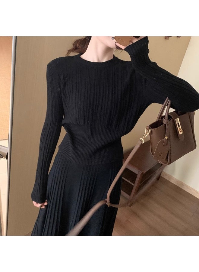 NIBEMINENT Autumn  Waist Cinched Sweater Pullover Women Korean High Stretch Knitted Sweaters Woman Casual Ribbed O-Neck Jumpers - Image 1