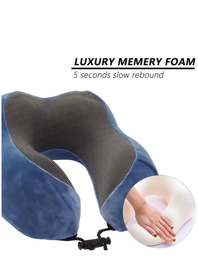 Travel Pillow Airplane Neck Pillow With Eye Mask Ear Plug Storage Bag Neck & Head Support Pillow Memory Foam Neck Pillow Suitable for Sleeping Airplane Car Office and Home （Blue) - Image 3
