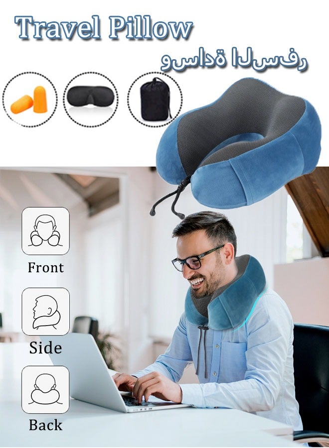 Travel Pillow Airplane Neck Pillow With Eye Mask Ear Plug Storage Bag Neck & Head Support Pillow Memory Foam Neck Pillow Suitable for Sleeping Airplane Car Office and Home （Blue) - Image 1