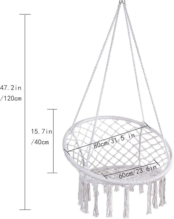 Harmony Home كرسي هارموني هوم ماكرامي معلق – كرسي حبل قطن مع وسادة ومجموعة أدوات، سعة 330 رطل، للاستخدام الداخلي والخارجي (أبيض) - Image 3