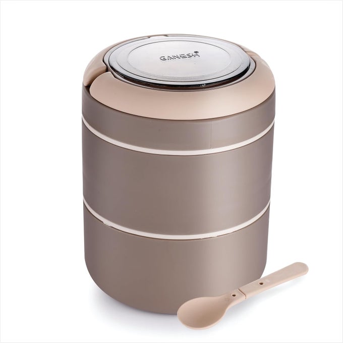 SMART STACK 2 LAYER PROTABLE LUNCH BOX STAINLESS STEEL AIRTIGHT LEAK-PROOF LUNCH BOX FOR OFFICE, SCHOOL, PICNIC - BROWN - 800ML