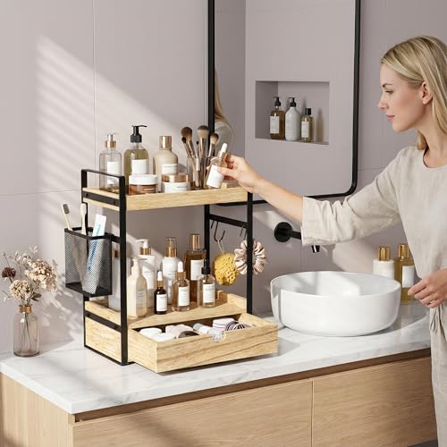 Ukonvi 2-Tier Bathroom Counter Organizer with Drawer Basket and Hooks, Wood Bathroom Organizers and Storage for countertop, Farmhouse Brown Countertop Organizer, Counter Shelf for Vanity, Kitchen, Office - Image 3