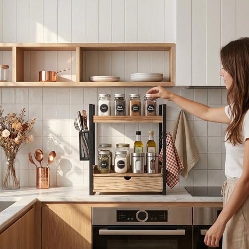Ukonvi 2-Tier Bathroom Counter Organizer with Drawer Basket and Hooks, Wood Bathroom Organizers and Storage for countertop, Farmhouse Brown Countertop Organizer, Counter Shelf for Vanity, Kitchen, Office - Image 4