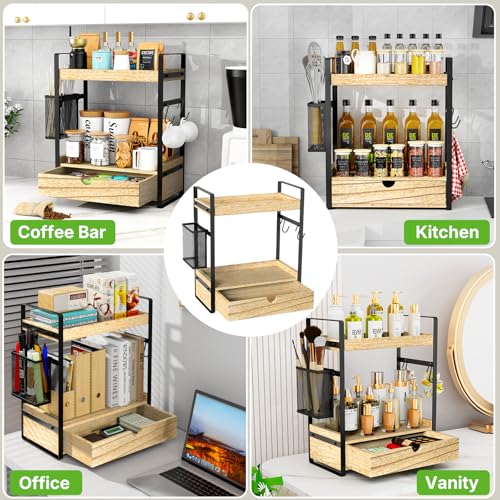 Ukonvi 2-Tier Bathroom Counter Organizer with Drawer Basket and Hooks, Wood Bathroom Organizers and Storage for countertop, Farmhouse Brown Countertop Organizer, Counter Shelf for Vanity, Kitchen, Office - Image 5