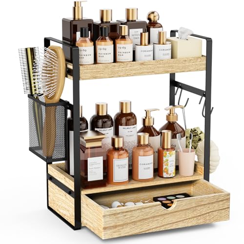 Ukonvi 2-Tier Bathroom Counter Organizer with Drawer Basket and Hooks, Wood Bathroom Organizers and Storage for countertop, Farmhouse Brown Countertop Organizer, Counter Shelf for Vanity, Kitchen, Office - Image 1