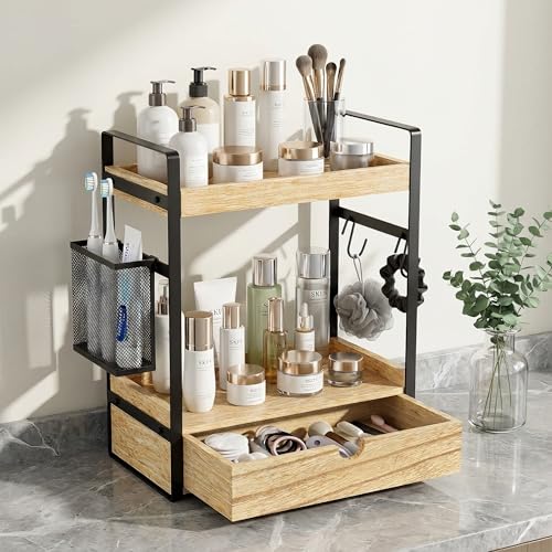 Ukonvi 2-Tier Bathroom Counter Organizer with Drawer Basket and Hooks, Wood Bathroom Organizers and Storage for countertop, Farmhouse Brown Countertop Organizer, Counter Shelf for Vanity, Kitchen, Office - Image 2
