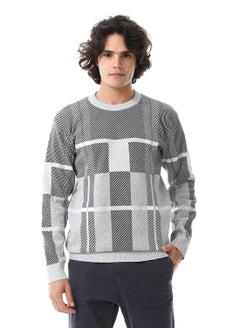 Andora Squares Self Pattern Long Sleeves Pullover_ Grey, Black & White  - Image 1