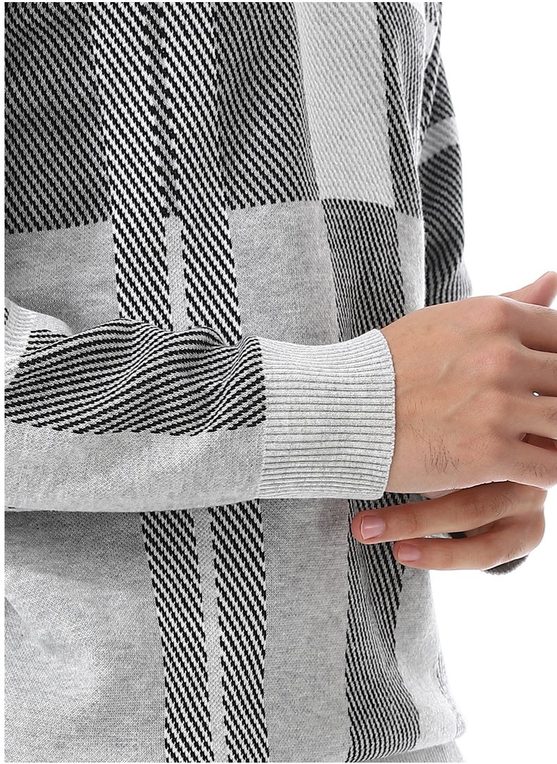 Andora Squares Self Pattern Long Sleeves Pullover_ Grey, Black & White  - Image 4