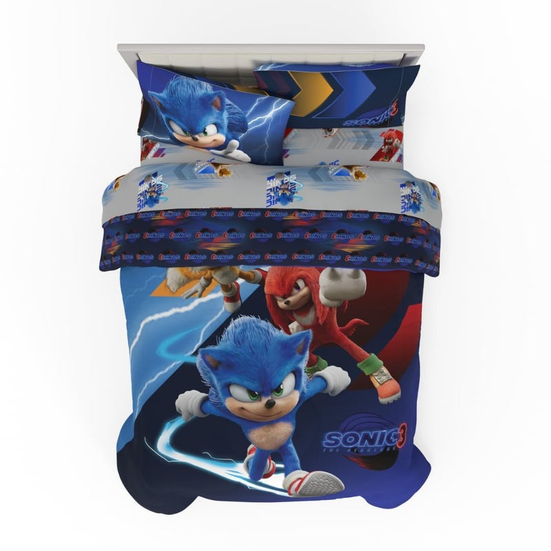Franco Sonic The Hedgehog 3 Movie Kids Bedding Super Soft Comforter and Sheet Set 4 Piece Twin Size Officially Licensed Product