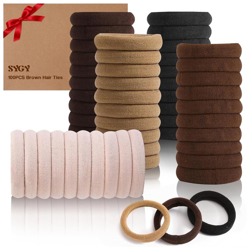 SYGY Hair Tie 100PCS Hair Ties for Thick Thin Hair Seamless Cotton Hair Bands No Damage for Women Soft Hair Accessories Ponytail Holders Brown Color