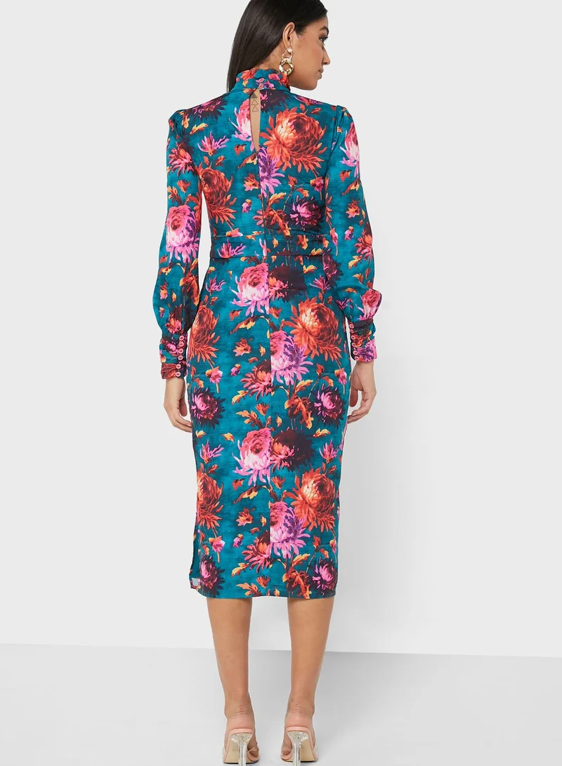 Hope & Ivy High Neck Side Split Floral Print Dress