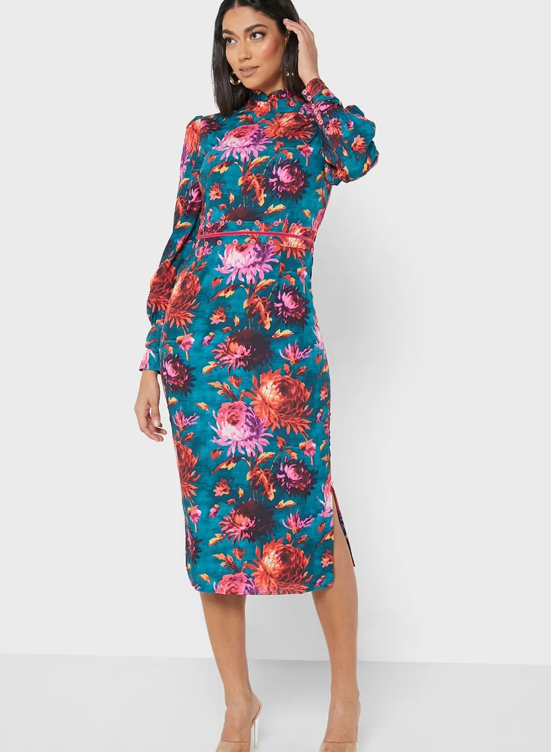 Hope & Ivy High Neck Side Split Floral Print Dress