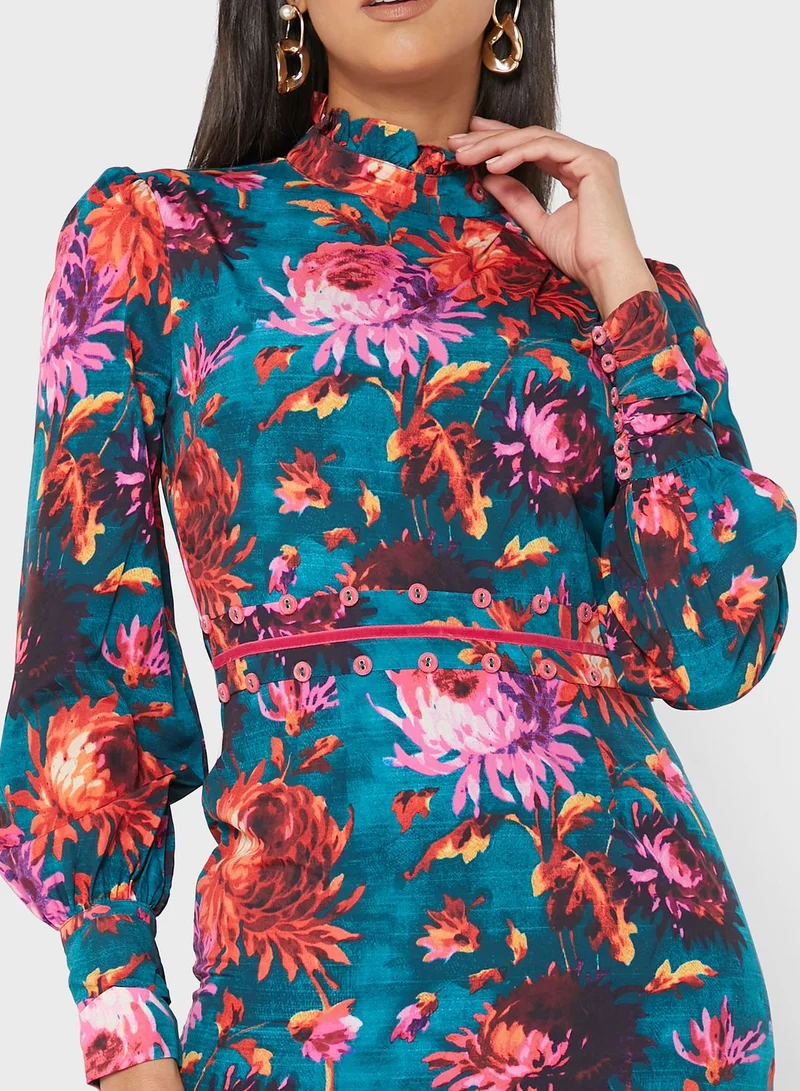 Hope & Ivy High Neck Side Split Floral Print Dress
