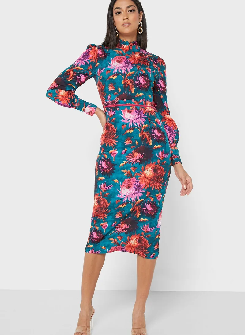 Hope & Ivy High Neck Side Split Floral Print Dress
