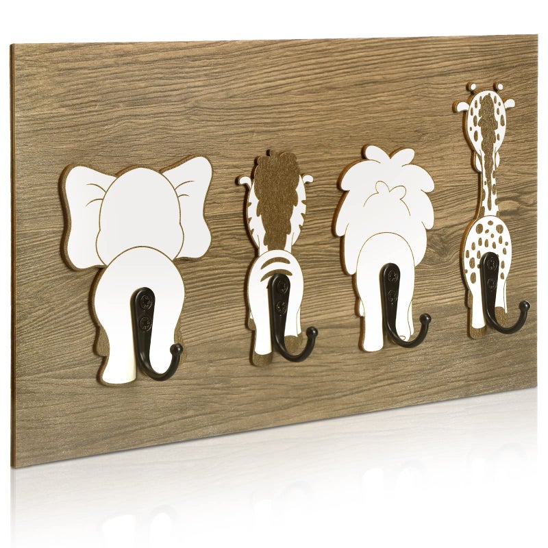 Yookeer Safari Animal Wall Hooks Kids Coat Hooks Wooden Safari Jungle Baby Nursery Wall Decor Decorative Elephant Lion Giraffe Zebra Hanger for Nursery Bathroom Bedroom Home Decor