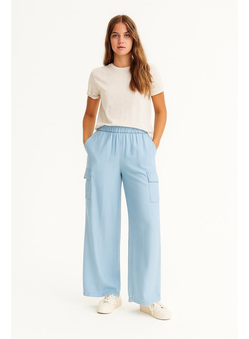 CHEVALIER FASHION Women’s Wide-Leg Cargo Pants with Elastic Waist and Side Pockets – Light Blue - Image 1