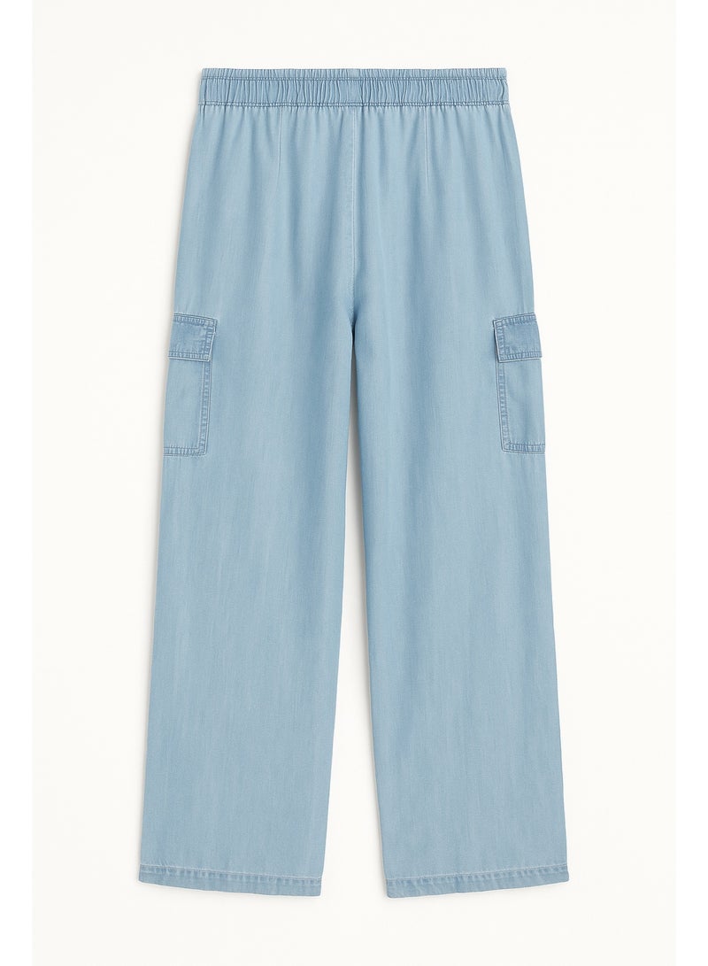 CHEVALIER FASHION Women’s Wide-Leg Cargo Pants with Elastic Waist and Side Pockets – Light Blue - Image 4