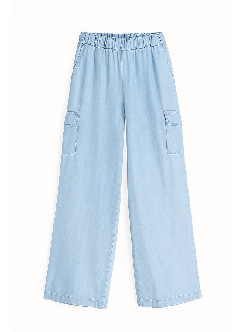 CHEVALIER FASHION Women’s Wide-Leg Cargo Pants with Elastic Waist and Side Pockets – Light Blue - Image 3