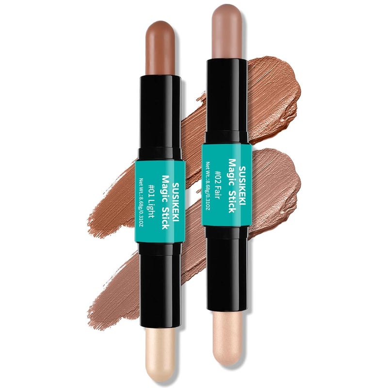 Contour Stick 2Pcs DualEnded Highlighter Makeup Pen  Contouring Stick for Face Shaping Long Lasting Waterproof Cream Bronzer  Highlight Sticks Make Up Kit for All Skin Tones 01  02