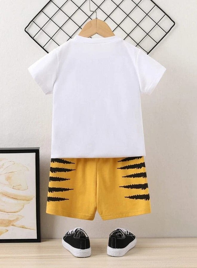 Ameeha Imported Printed Cotton Half Sleeves T-Shirt with Shorts for Boy and Girls (5-6 Years, White & Yellow) - Image 2