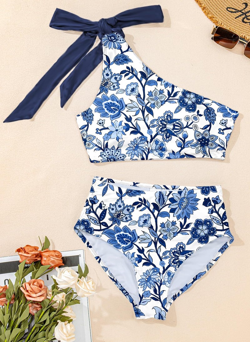 Herseas Women's 2 Piece Tie Shoulder Bikini Sets High Waist Swimwear Ruching Slimming Swimsuits Vintage Floral Print Bathing Suit Ladies Beach Vacation Outfits Medium - Image 4