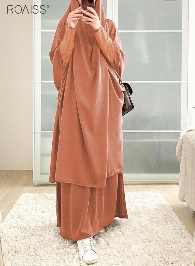 roaiss 2-Piece Casual Loose Set Muslim Women's Long Top and Elastic Waist Skirt Long Sleeve Mid-Rise Wrist Splice Tight Fashion Versatile Set  for Ladies Ramadan Eid al-Adha  - Image 2