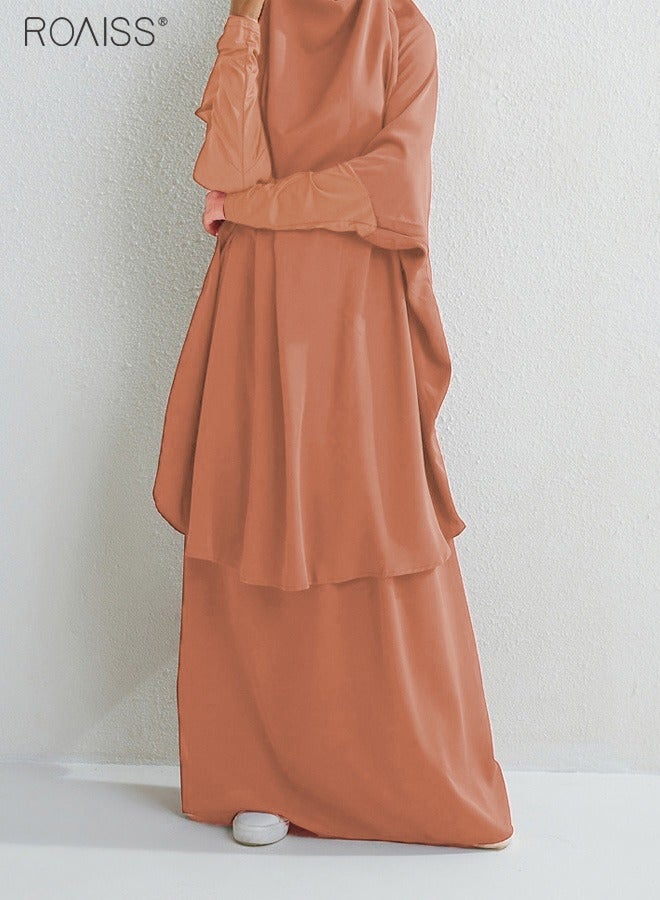 roaiss 2-Piece Casual Loose Set Muslim Women's Long Top and Elastic Waist Skirt Long Sleeve Mid-Rise Wrist Splice Tight Fashion Versatile Set  for Ladies Ramadan Eid al-Adha  - Image 3